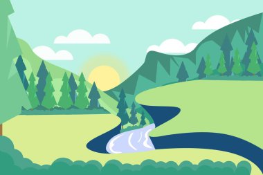 green natural landscape illustration design, with rivers and mountains and lush trees