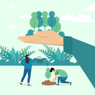 environmental greening concept, social concept. People doing tree planting activity, vector flat illustration. Ecological lifestyle.