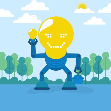 Robot concept with right hand Holding Light Bulb and left hand holding toolbox Flat Vector Illustration