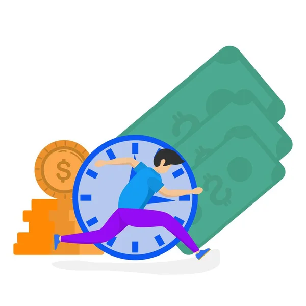Time Money Concept Running Man Illustration Clock Money Coins Background — Stockvector