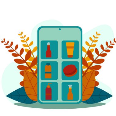 Online application on the mobile screen with a menu containing beauty products in beauty bottles, skin care products. buy beauty cream on phone screen.