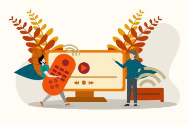 Film izlemenin vektör çizimi, ev eğlencesi konsepti. İnternette video izleyen küçük bir çift. Uzaktan kumandalı adam, akıllı kutunun yanında Wi-Fi sinyali olan adam.