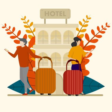 Turist otel ve rezervasyon odasını çevrimiçi düz vektör illüstrasyonuyla seçiyor. İnsanlar internet üzerinden otelleri, hanları ve daireleri arar ya da seçer. Seyahat, tatil ve konaklama konsepti