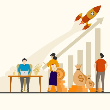 Girişim yöneticisi satışlardaki büyüme tablosunu analiz eder. Yığınla parası, roketi, okları ve yığınla parası olan bir grup işçi. İş başarısı, pazarlama, kâr kavramı için