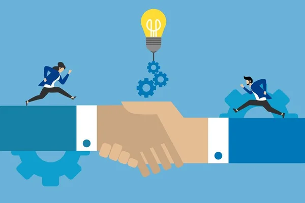 Dohoda Spolupráce Podnikatelé Podnikatelek Směřují Žárovce Jako Formě Nápadů Spolupráce — Stockový vektor