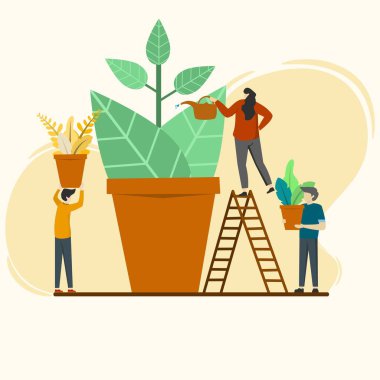 Ağaç Bitkisi İniş Şablonu. Yeniden ağaçlandırma, Dünyayı Kurtarmak için Küresel Çevre Hareketi kavramı. Erkekler ve kadınlar bitkilerle ilgilenir. Çizgi film İnsanları Vektör İllüstrasyonu