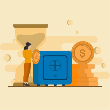 Para tasarrufu konsepti. Kurtarılmak için bozuk para tutan kadın. para biriktirme ve kar kavramı, web, iniş sayfası, broşür, poster, pankart için vektör ilülasyonu.