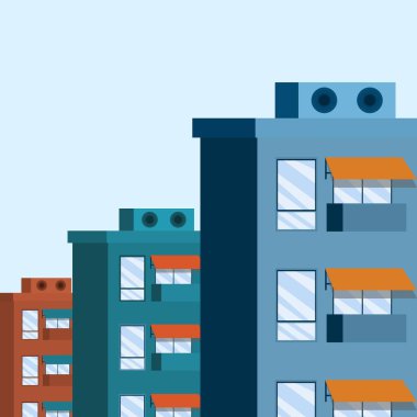 Emlak kiralama konsepti. Modern yüksek katlı apartman binalarının vektör çizimi. Güneşli bir günde çatısı olan balkon pencereli ön manzara.