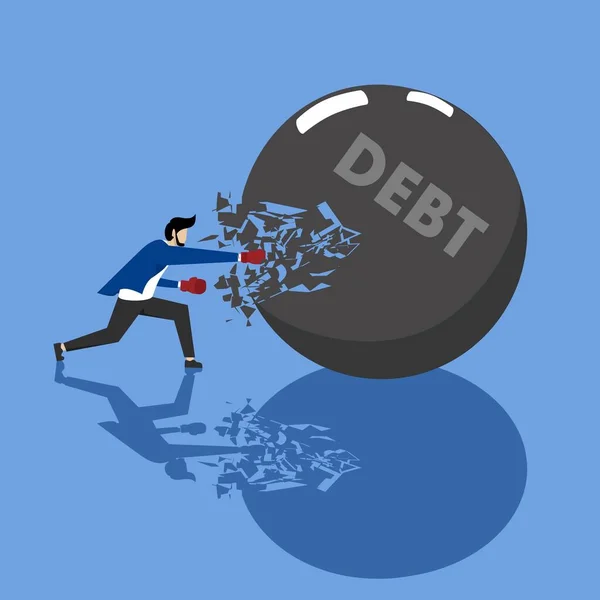 一个销毁债务的商人 为无债而奋斗 债务和信贷 为你的生意奋斗 债务结算业务概念 — 图库矢量图片