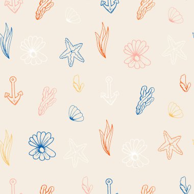 Kalıpsız deniz elementleri. Yosun kabukları. El çizimi.