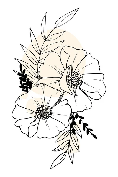 手描きスケッチ黒と白の葉の花 — ストックベクタ