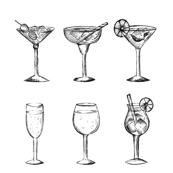 Set Elementi Icone Schizzo Vetro Disegnato Mano Bianco Nero Cocktail — Vettoriale Stock