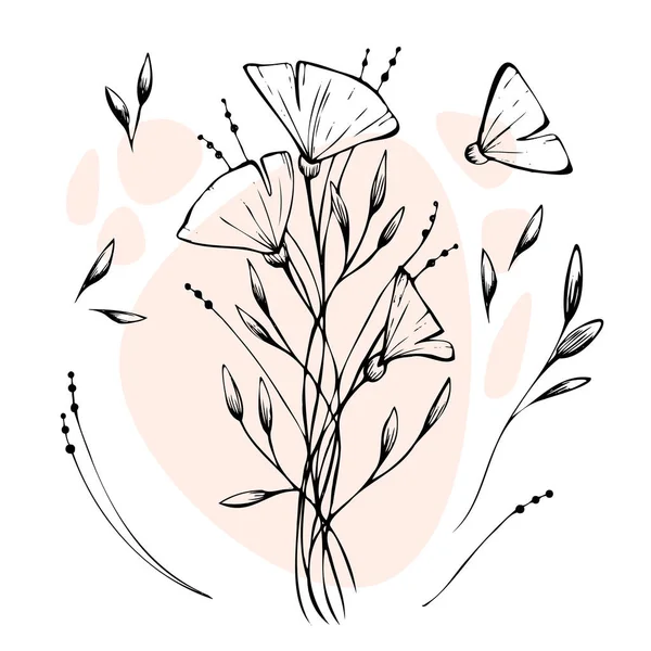 Set Von Objekten Skizze Handgezeichnete Linien Textur Blumen Skizze Tätowierung — Stockvektor