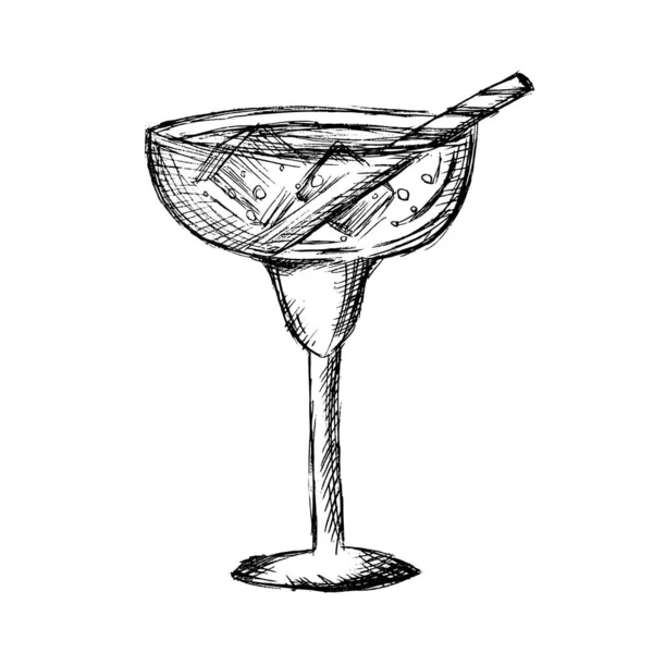 Schizzo Vetro Disegnato Mano Bianco Nero Cocktail Schizzo — Vettoriale Stock