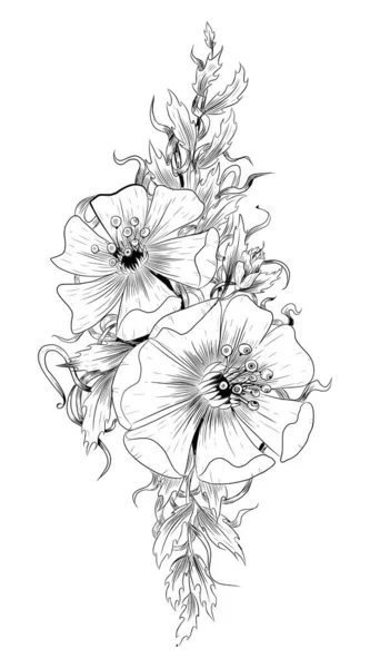 Квіткова Графіка Ілюстрація Ескіз Татуювання Чорно Білий Ескіз — стоковий вектор