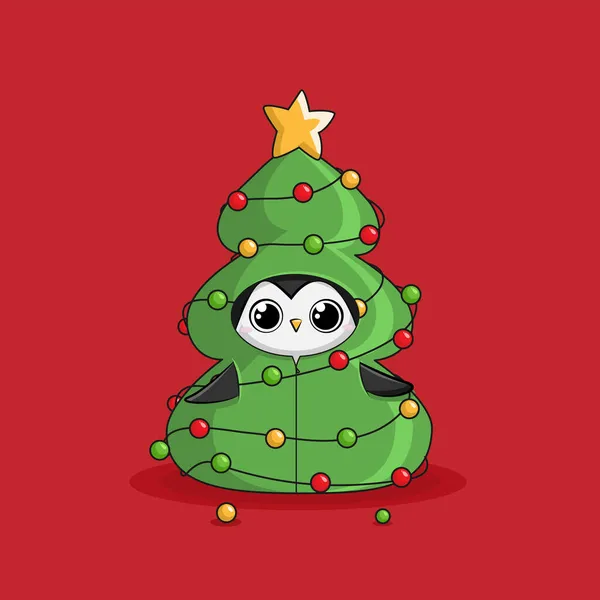 Weihnachten Illustration Pinguine Winter Helle Farbe Baum — Stockvektor