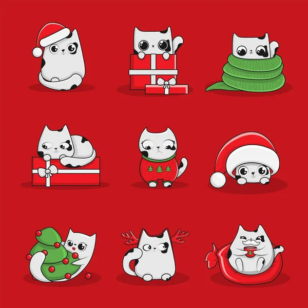 Set Katzen Illustration Neujahr Kinder Winter — Stockvektor