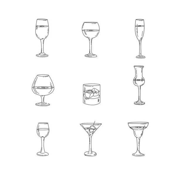 Collection Illustration Glasses Glasses Bar Menu Cafe Sketch Black White_4 — Stock Vector