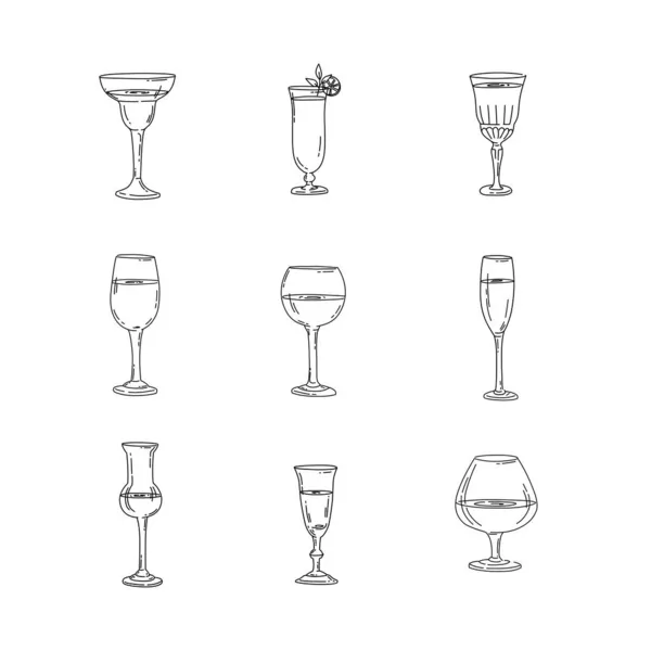 Collezione Illustrazione Bicchieri Bar Menu Caffè Schizzo Bianco Nero — Vettoriale Stock