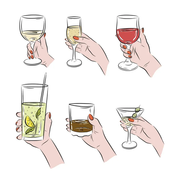 Collection Illustration Verre Ligne Main Verres Bar Menu Café Croquis — Image vectorielle