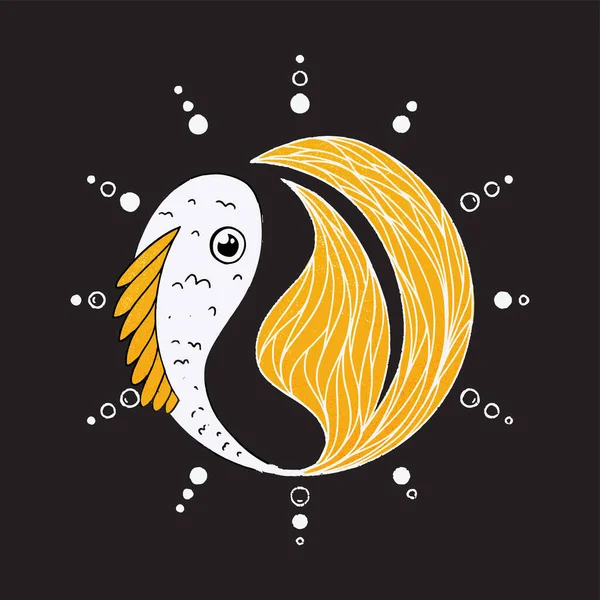 Ilustrație Grafică Soare Auriu Model Texturat Lună Pește Argintiu Modele — Vector de stoc