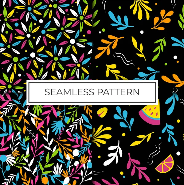 Collection Floral Seamless Patterns Colorful Flower Leaf Elements Black Background — Stock Vector