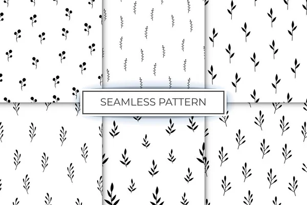 Collection Floral Seamless Patterns Flower Leaf Elements Black White — Stock Vector