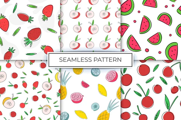 パターンのコレクションシンプルなシームレスな背景パターン印刷装飾果物 リンゴ チェリー イチゴ スイカ エキゾチックな果物 — ストックベクタ
