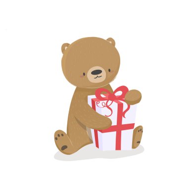 Festive Illustration of baby bear cartoon with a gift, Happy birthday greeting for print, design, poster, greeting card, postcard