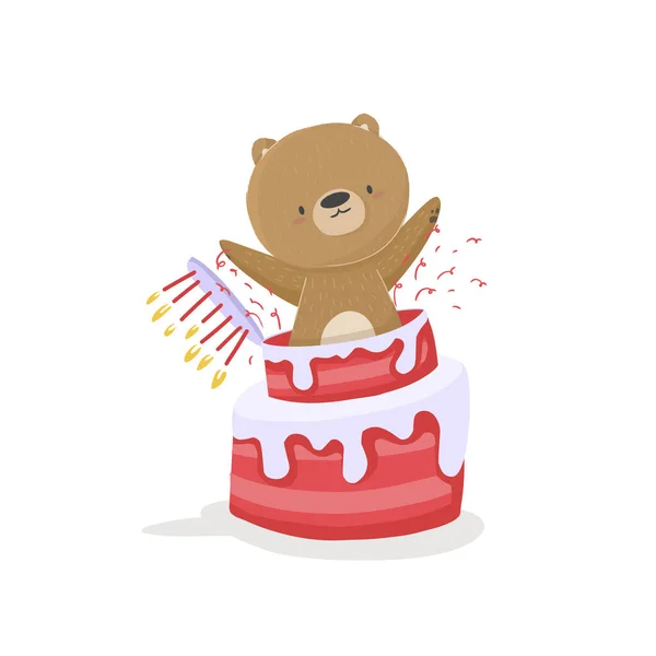 Happy Birthday Cartoon Happy Holiday Bear Jumps Out Cake Print — Vector de stock