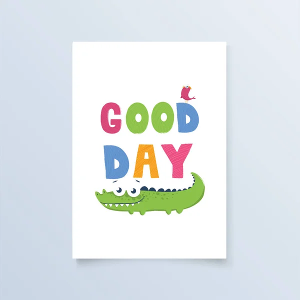 Greeting Card Cartoon Bright Animals Crocodile Positive Quote Print Design — 图库矢量图片