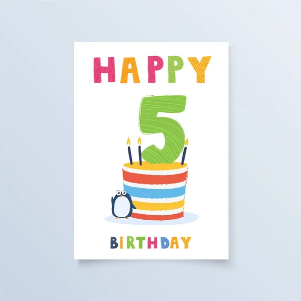 Template Postcard Five Years Cake Penguin Greeting Card Birthday Holiday — Vector de stock