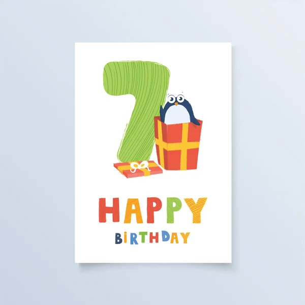 Template Postcard Seven Years Penguin Gift Greeting Card Birthday Holiday — Vector de stock
