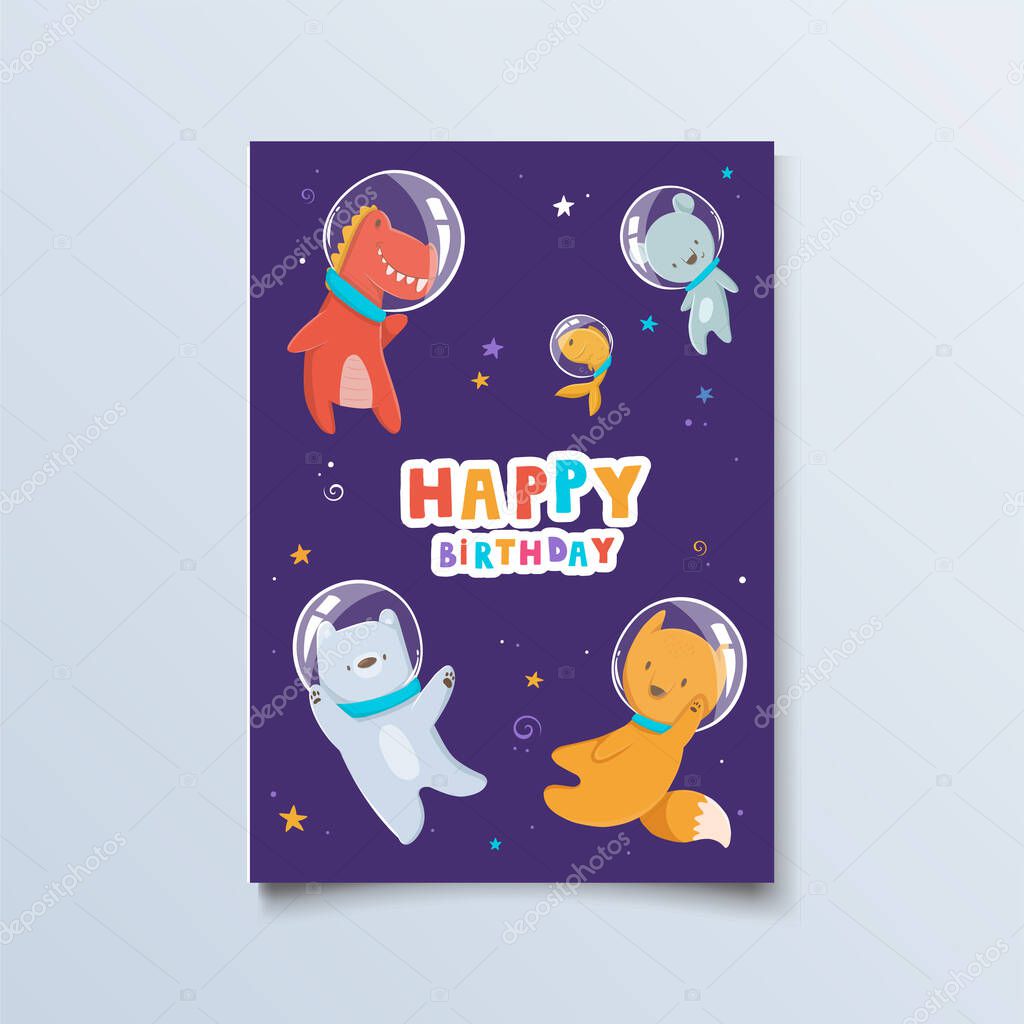 Cartoon cute animals for baby card and invitation, fox, dinosaur, bear, fish, giraffe astronaut in space cosmos for print, design, poster,
