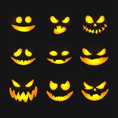 Cadılar Bayramı yüz ikonu seti. Beyaz arka planda ürkütücü balkabağı gülüşü. Bayram Cadılar Bayramı için tasarım. Pankart, poster, tebrik kartı, parti davetiyesi. İzole illüstrasyon.