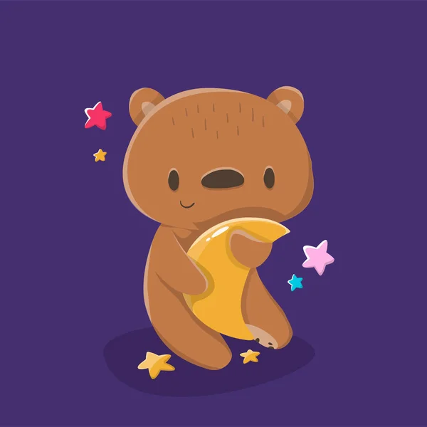 Cartoon Cute Animals Baby Card Bear Moon Space Cosmos Design — ストックベクタ