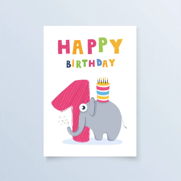 Template Postcard One Years Elephant Greeting Card Birthday Holiday Print — Vector de stock