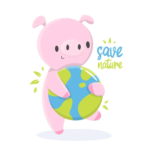 Cartoon Illustration Pig Earth Support Ecology Planet Design Books Print — Vector de stock