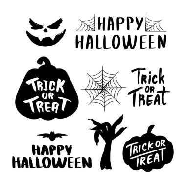 Cadılar Bayramı için izole edilmiş koleksiyon nesnesi, balkabağı, harf, ağ, yüz, el tasarım için arka grond bayrağı