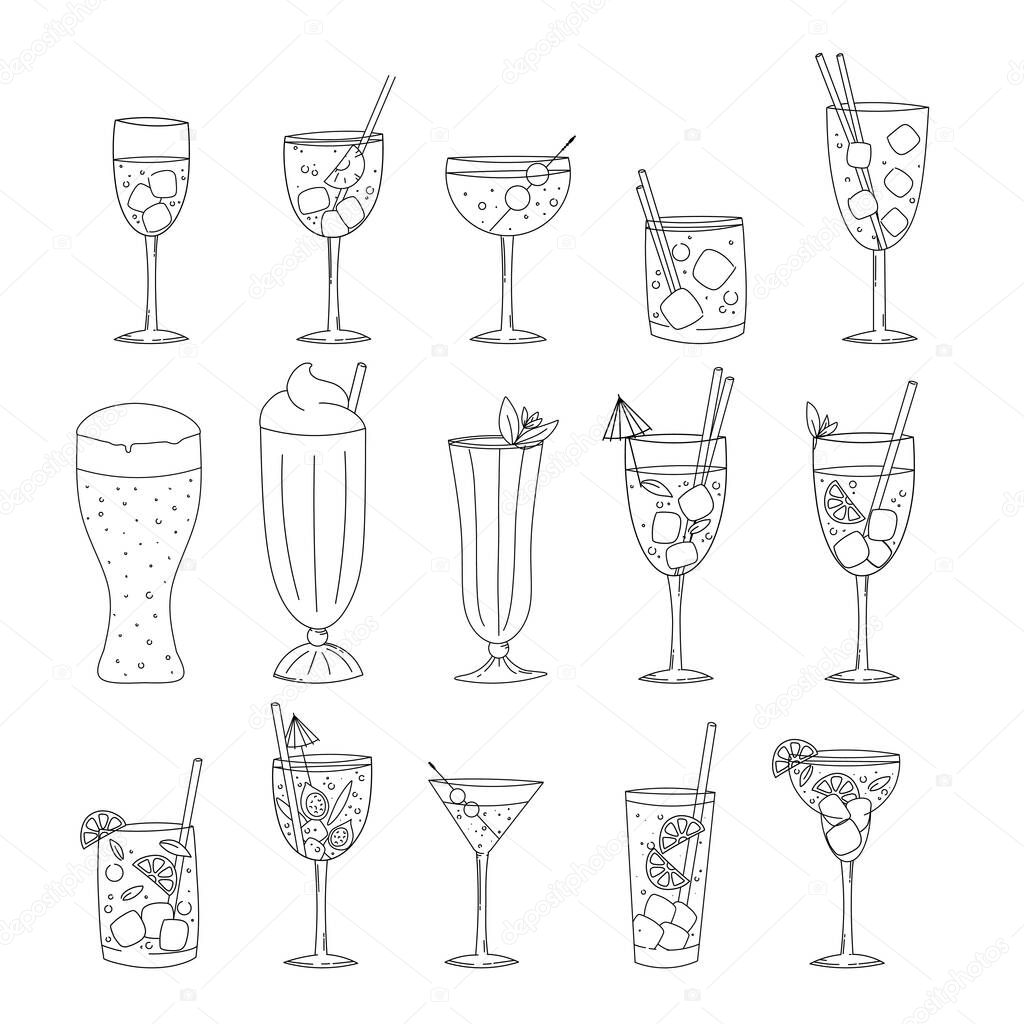 Set of Sketch Cocktails and Alcohol Drinks. Vector illustration