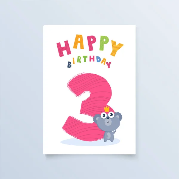 Template Postcard Three Years Koala Greeting Card Birthday Holiday Print — Vector de stock