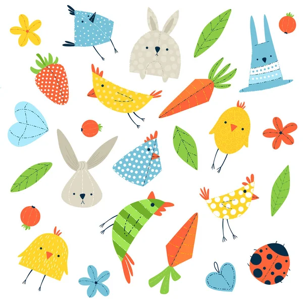 Collection Farm Carrot Rabbit Chicken Other Elements Background Wallpaper Print — Archivo Imágenes Vectoriales