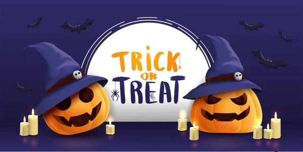 Happy Halloween Banner Illustration Realistic Pumpkins Faces Witch Hat Modern — Stockvektor