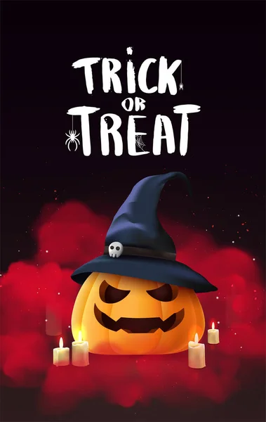 Happy Halloween Red Banner Illustration Realistic Pumpkins Faces Cloud Smoke — Vetor de Stock