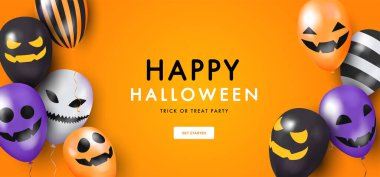 Background with 3d balloons with faces. Happy Halloween. Vector Illustration