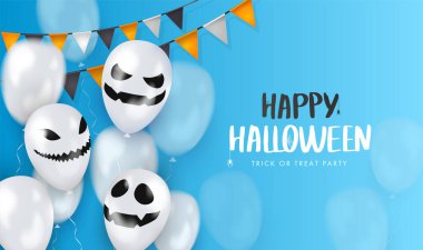 Yüzleri olan 3D balonlu mavi pankart. Mutlu Cadılar Bayramı. Vektör İllüstrasyonu