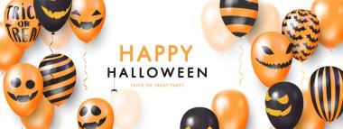 Template banner white background with 3d balloons with faces. Happy Halloween. Vector Illustration