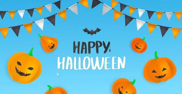 Design Sjabloon Met Papieren Pompoenen Met Halloween Gezichten Banner Brochure — Stockvector