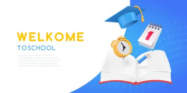 Back to school banner with school supplies on blue background. Vector 3d illustration. Stationery items. Pens, pencils and marker pens. Educational banner design