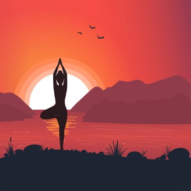 Yoga meditation, sports, gymnastics, fitness relaxation. Vector illustration of yoga poses in nature. 10 EPS
